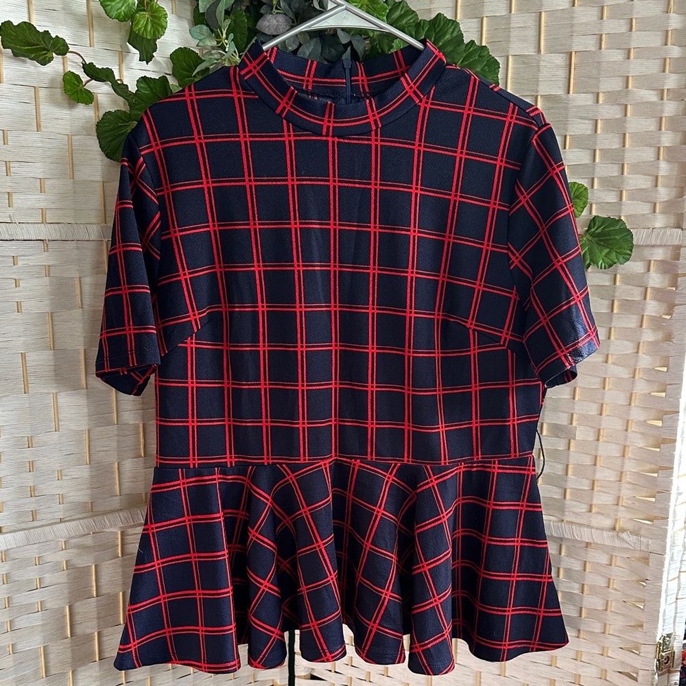 Plaid Peplum Top - Red and Black
